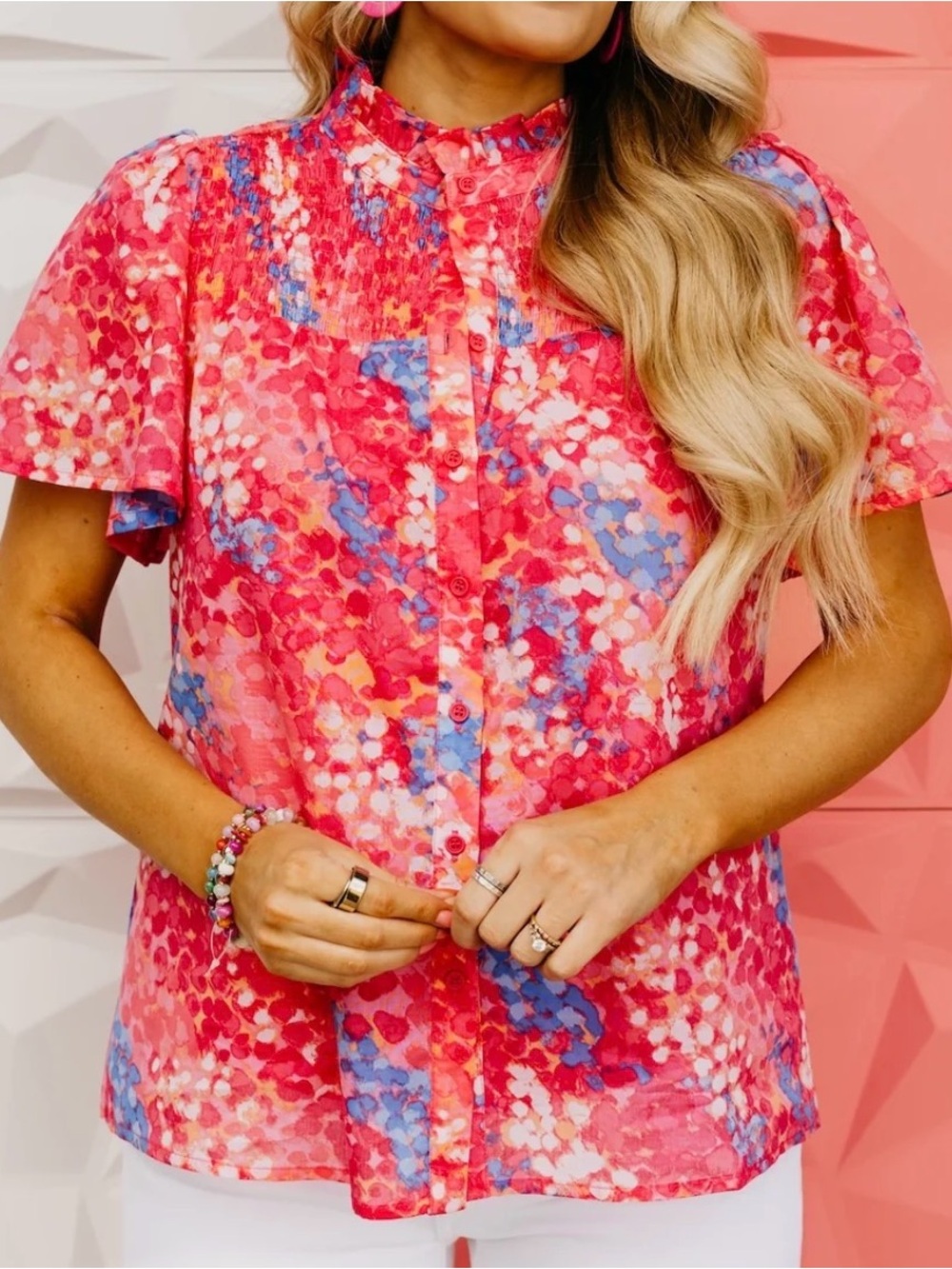 SUGARLIPS Leah Abstract Romy Mock Neck Top Floral Button-Front Short Sleeve